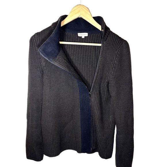 Emporio Armani Wool Chunky Knit Ribbed Brown Zip Up Mock Neck Sweater Size 12 - Picture 2 of 8